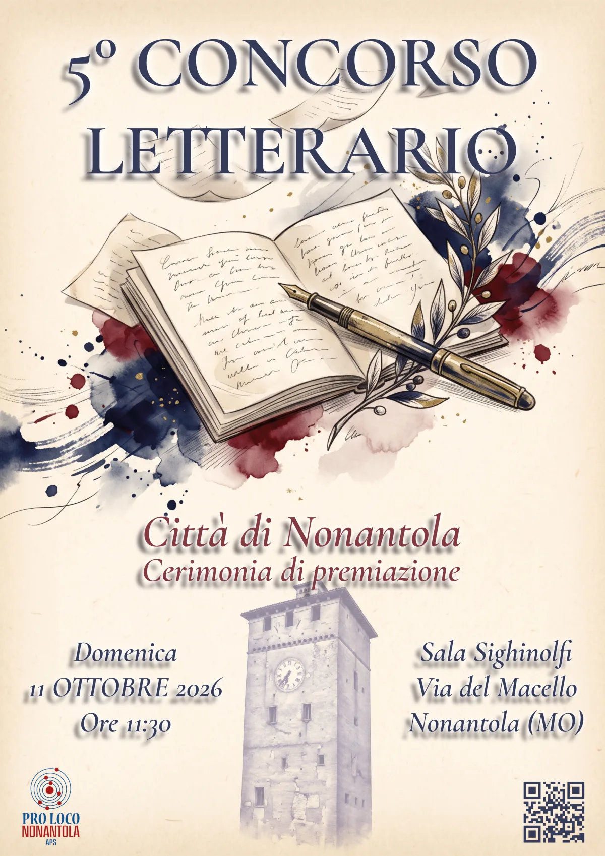 Locandina del 5º Concorso Letterario Città di Nonantola – cerimonia di premiazione domenica 11 ottobre 2026, ore 11.30, Sala Sighinolfi